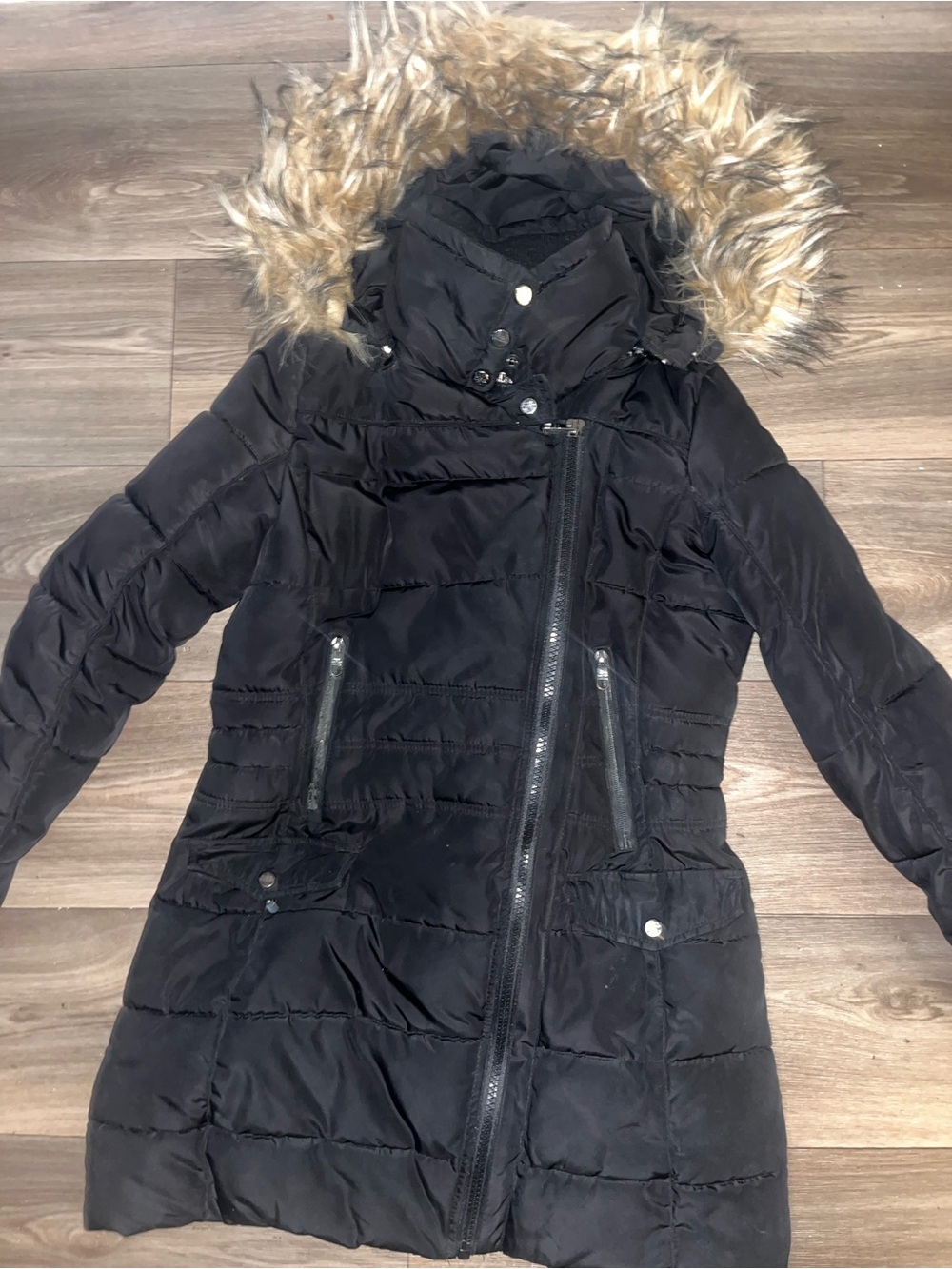 Steve Madden Black Quilted Faux-Fur Trim Puffer Coat